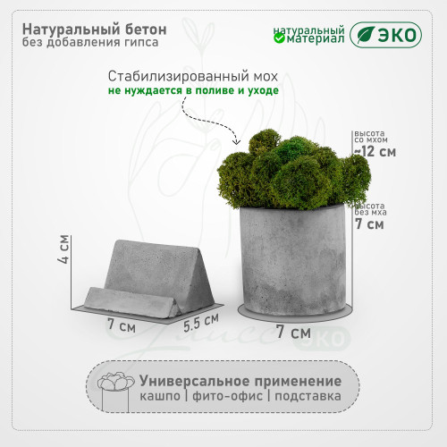 Набор из бетона со мхом, фито-офис с подставкой для смартфона, серый, 14х12 см