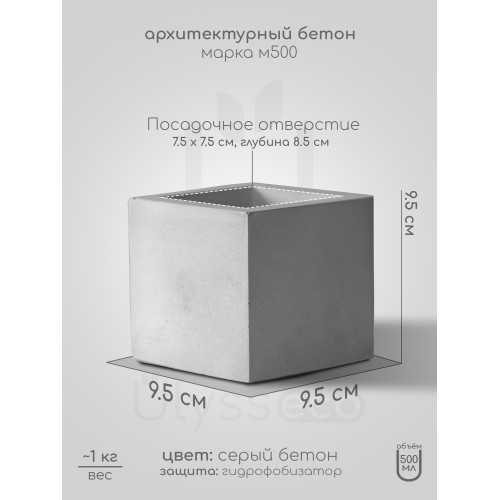 Квадратное кашпо из бетона Cuby MS, серое, 500мл, 9.5х9.5 см