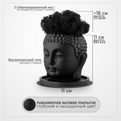 Кашпо чёрный матовый Будда с чёрным мхом и подставкой, эмаль, 11 см