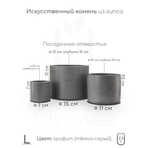 Набор кашпо из искусственного камня Lofty 3 цилиндра, графит, d15, d11, d7 см